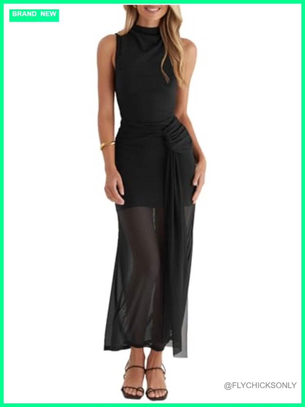 Women's Bodycon Maxi Dress Sleeveless Mock Neck Ruched Mesh Formal